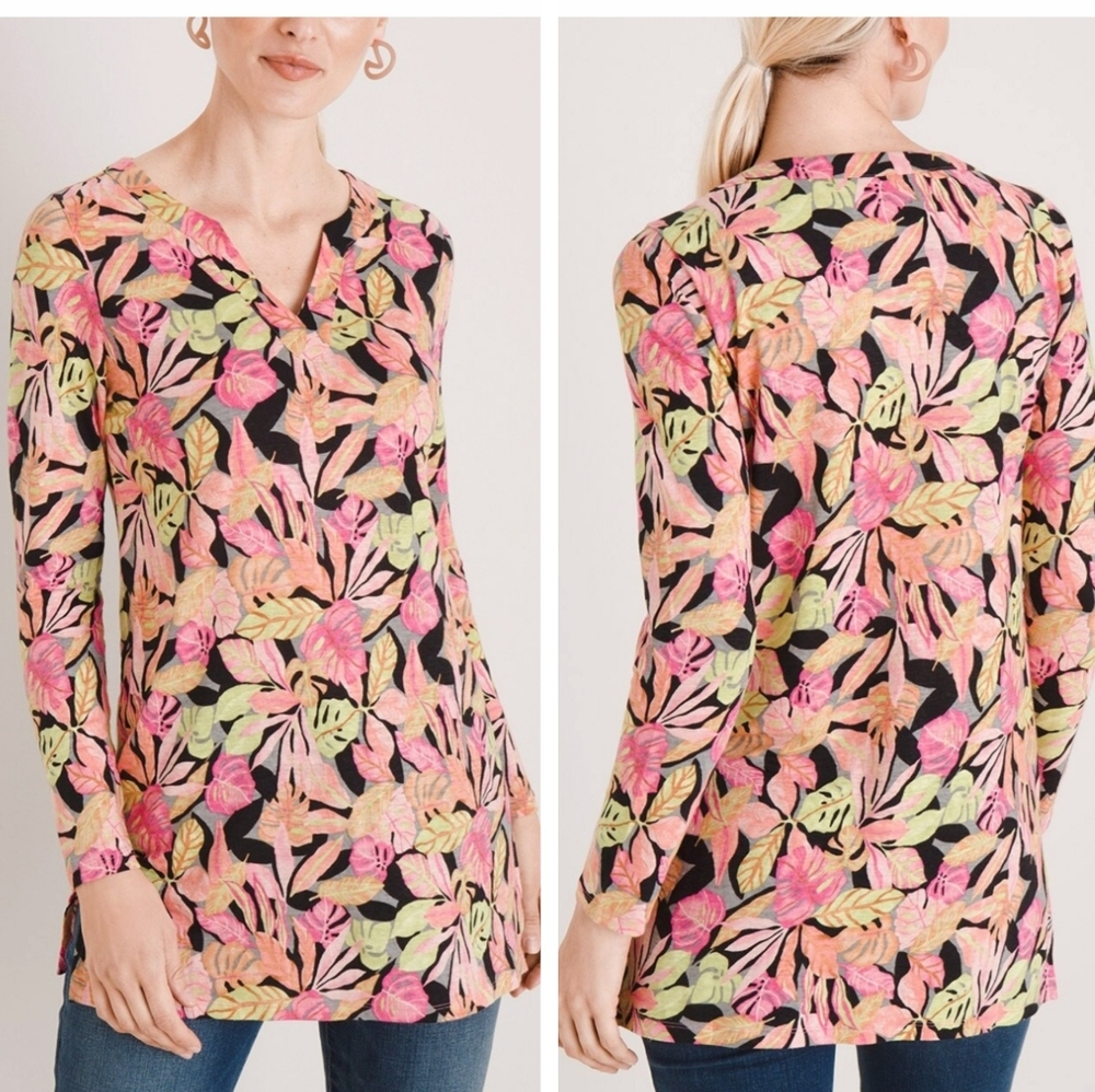 Chico’s Oasis Linen Split Neck Tunic Floral Top Size 2 (L)